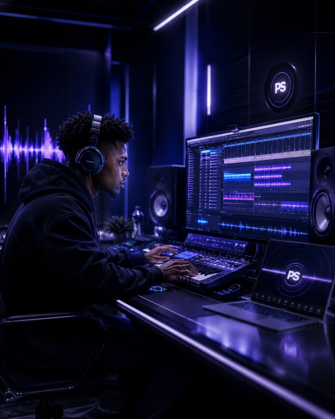 Producer working inside a futuristic music studio